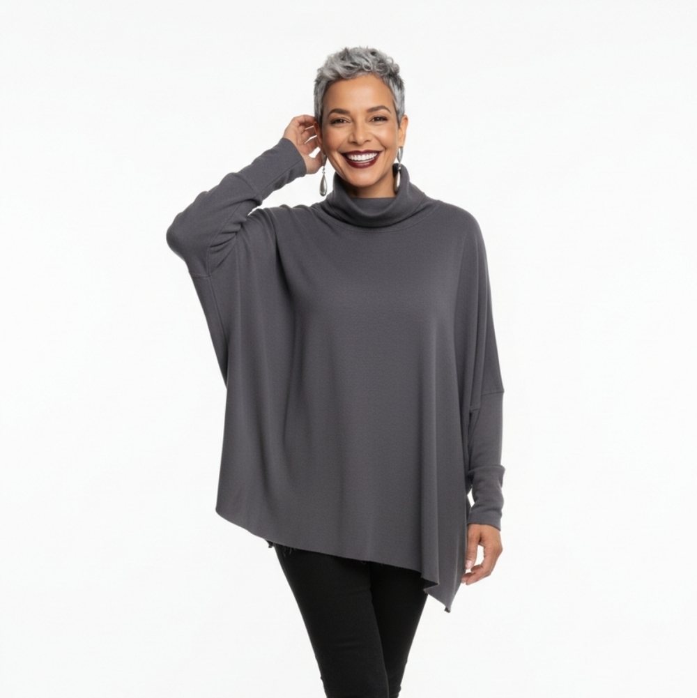 Planet By Lauren G Gray Pima Cotton Boxy Turtleneck Long Sleeve Top OS (Bx2)
